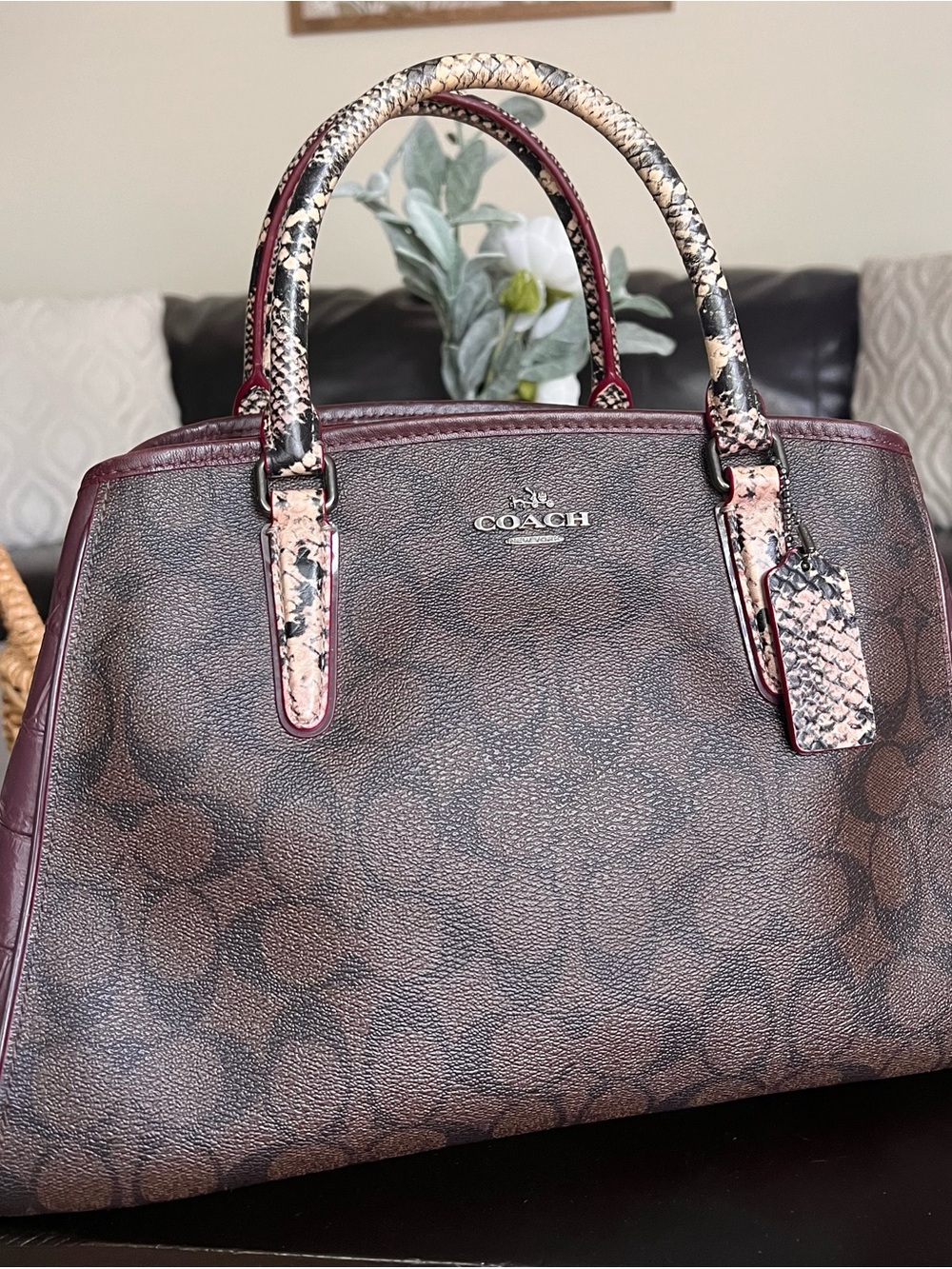 COACH MARGOT Embossed Snake Leather Signature Satchel Dark Brown/Burgundy - Picture 3 of 16